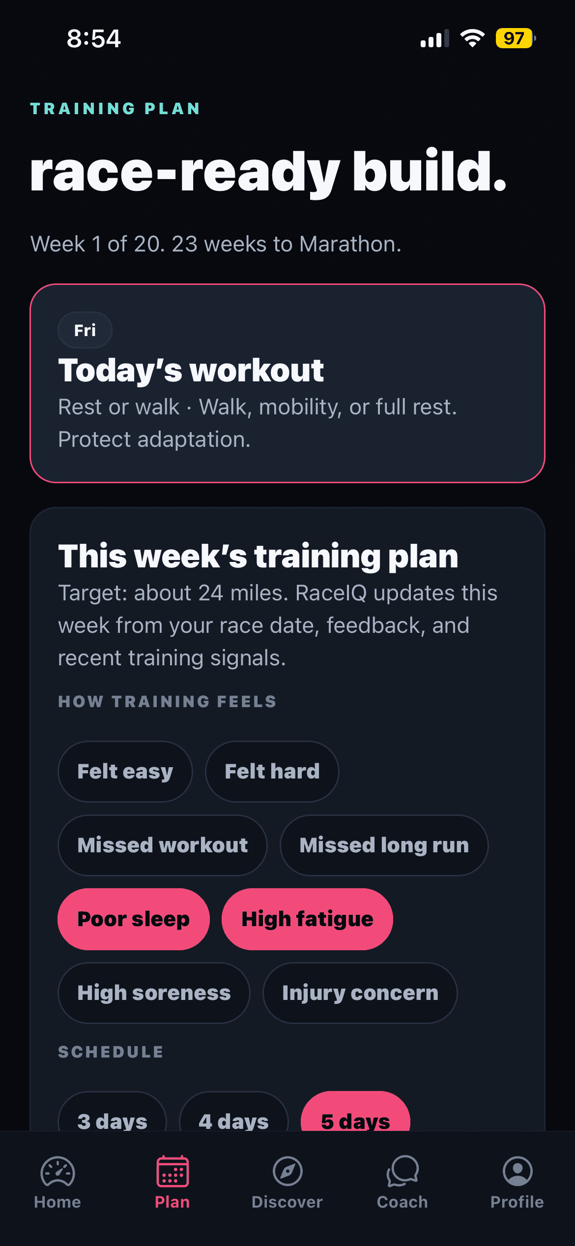 RaceIQ training plan screenshot showing poor sleep and high fatigue adjustments